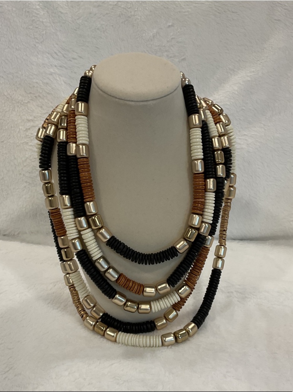 Multi-Strand Black, White & Brown Beaded Necklace with Gold Accents